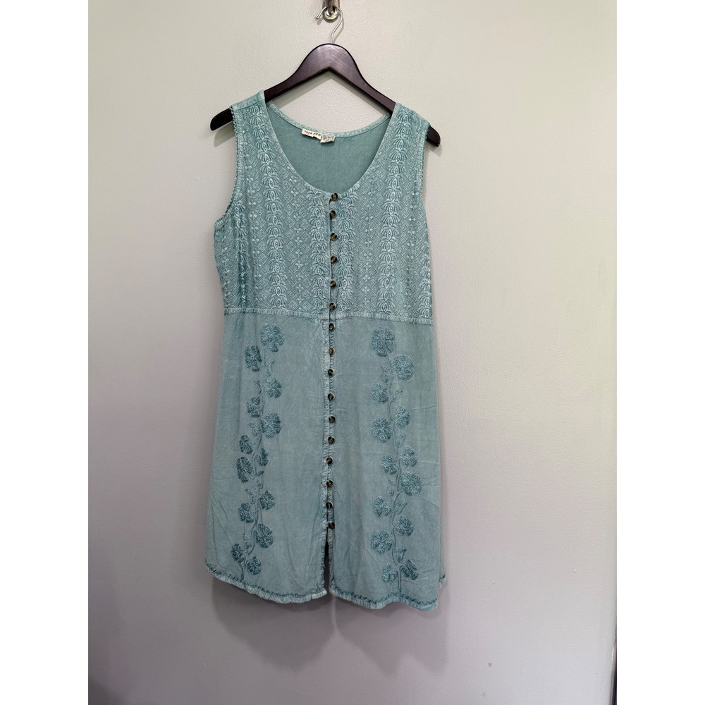 Raya Sun Womens 2X Aqua Blue Embroidered Button Down Sleeveless Tunic Top